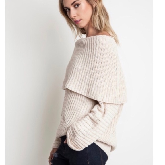Glamvault Sweaters - Cream Chunky Knit Fold Over Sweater